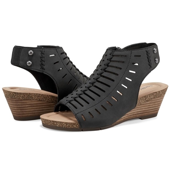 Size 8W Brand New! Hana Round Toe Laser Cut Dress • Black Wedges - Picture 2 of 13